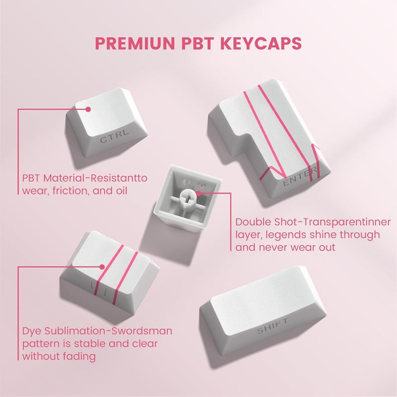 Rainy75 PBT Keycaps-Cherry Key Caps Side Print, Heart Design Dye Sublimation 130 Keys Set for Cherry Gateron MX Switches Keyboards, White - Image 3